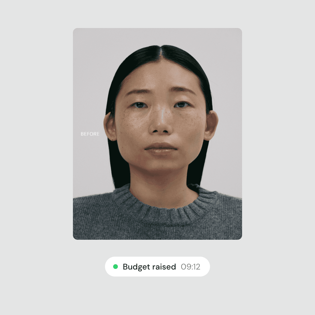 An ad showing a woman's portrait, tagged Budget raised at 09:12.