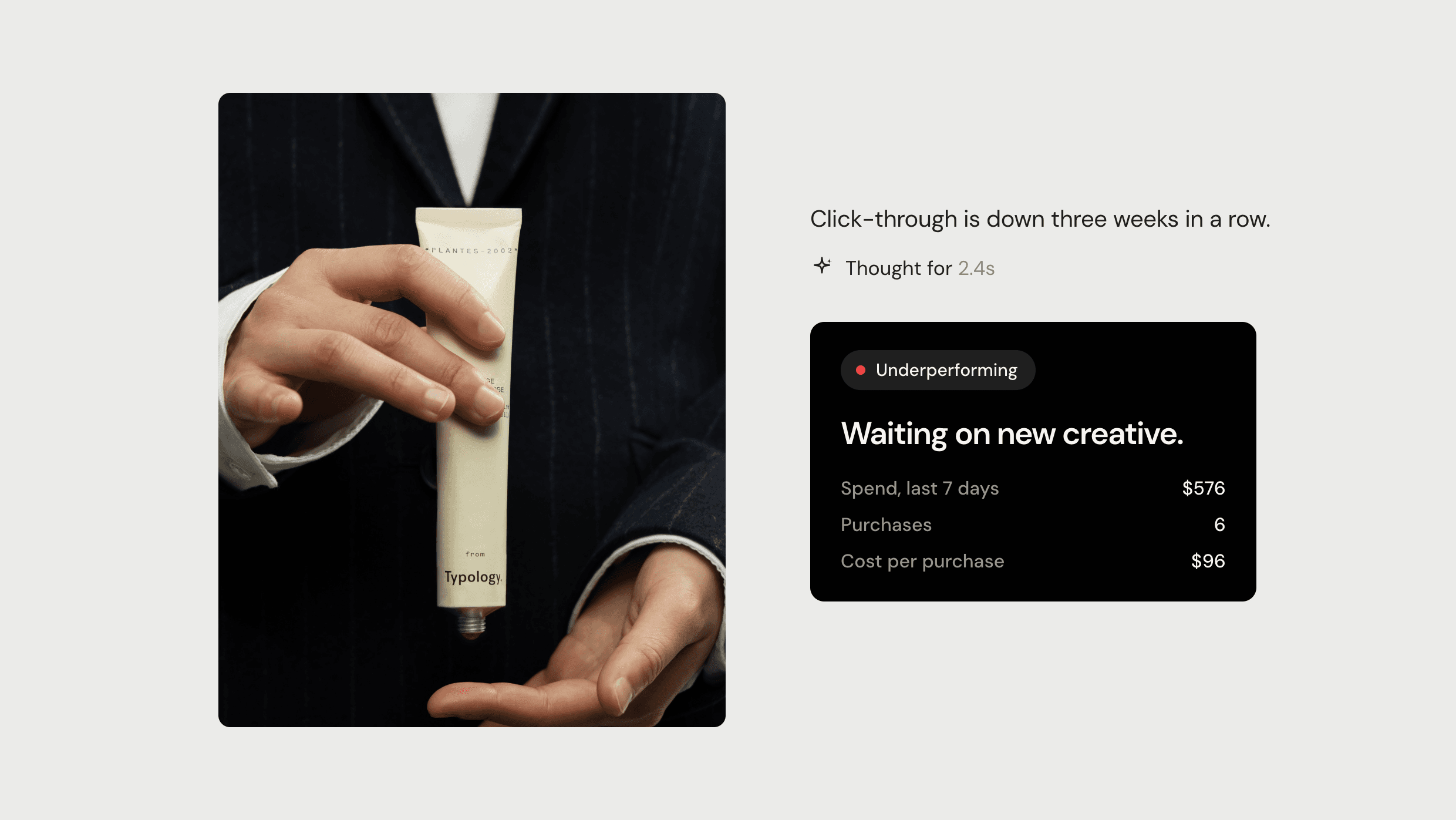 An underperforming skincare ad beside Jarva's verdict: click-through is down three weeks in a row, waiting on new creative.