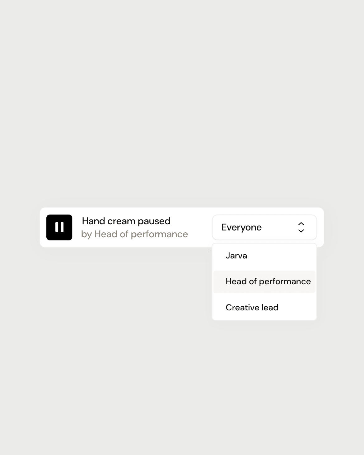 Hand cream paused by Head of performance, with a filter open on who made the change: Jarva, Head of performance, Creative lead.