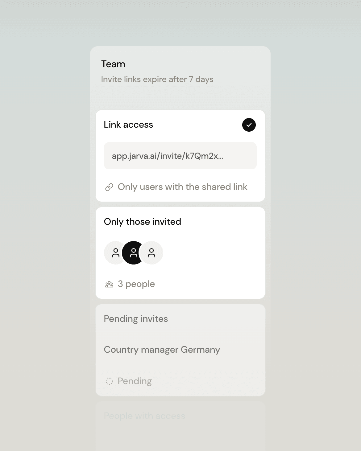 Team panel with Link access selected and an invite link, above Only those invited for 3 people and a pending invite.