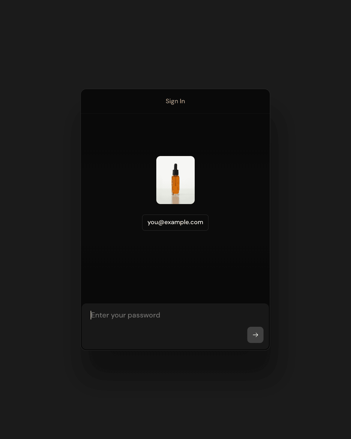 Dark sign-in panel with the brand's image above the email and a password field.