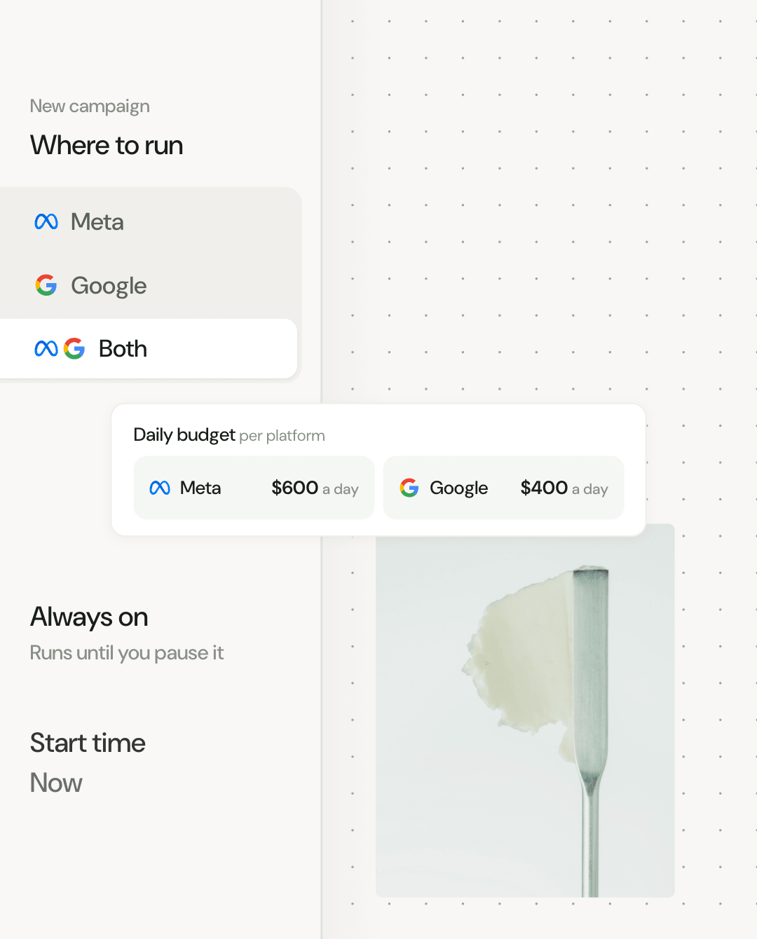 A launch on Meta and Google, each with its own daily budget