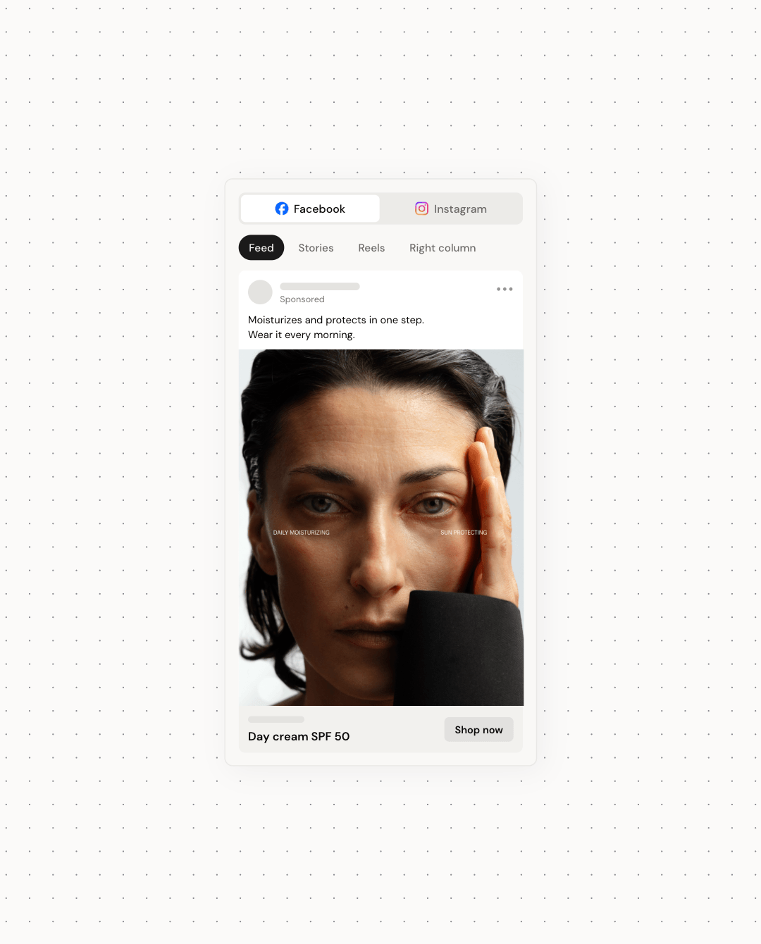 An ad previewed in the feed, with tabs for Stories, Reels and the right column