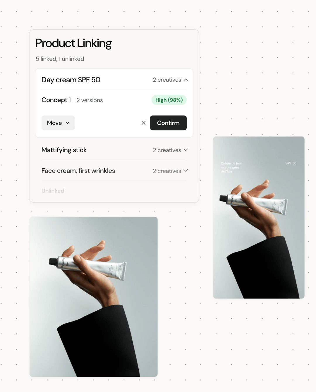 A concept linked to its store product with a confidence score, ready to confirm or move