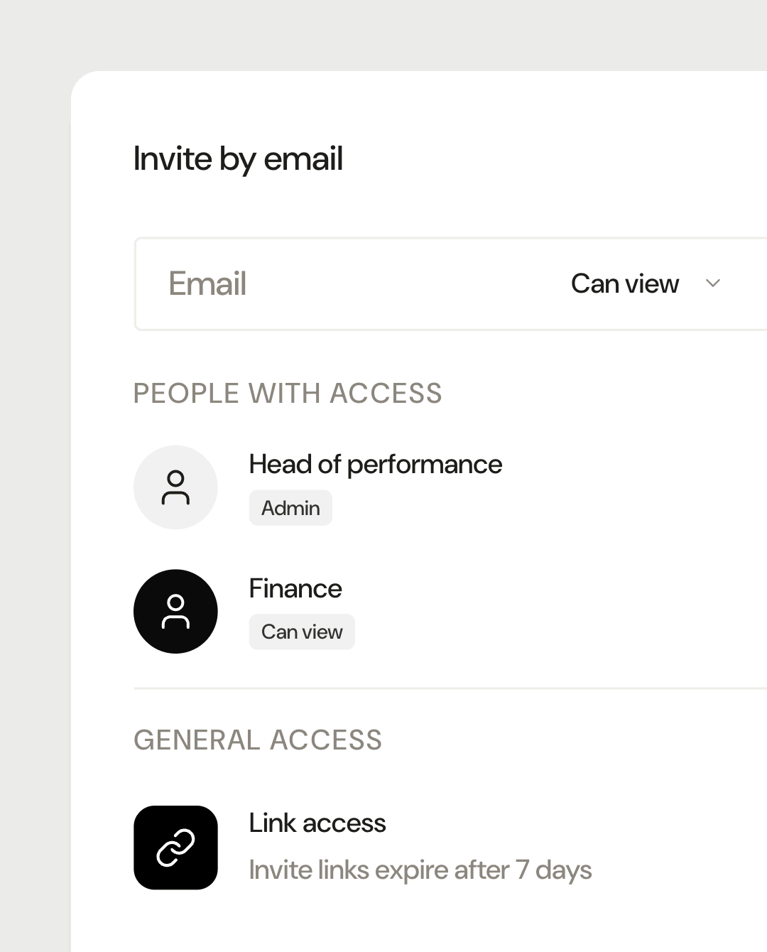 Team settings with email invites, roles and link access