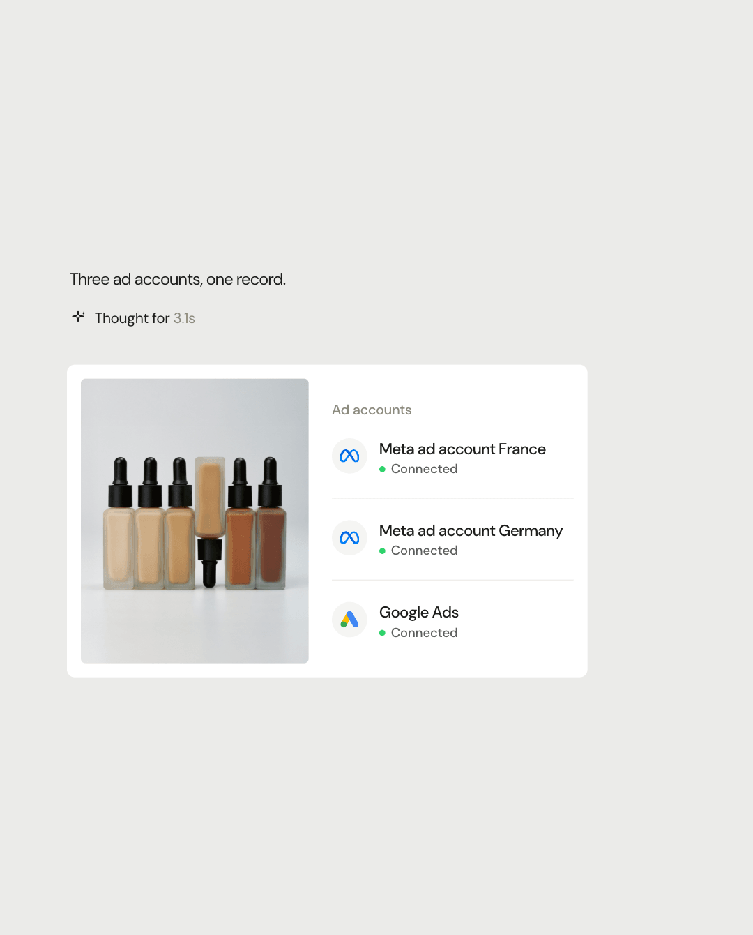 Three connected ad accounts, two on Meta and one on Google Ads