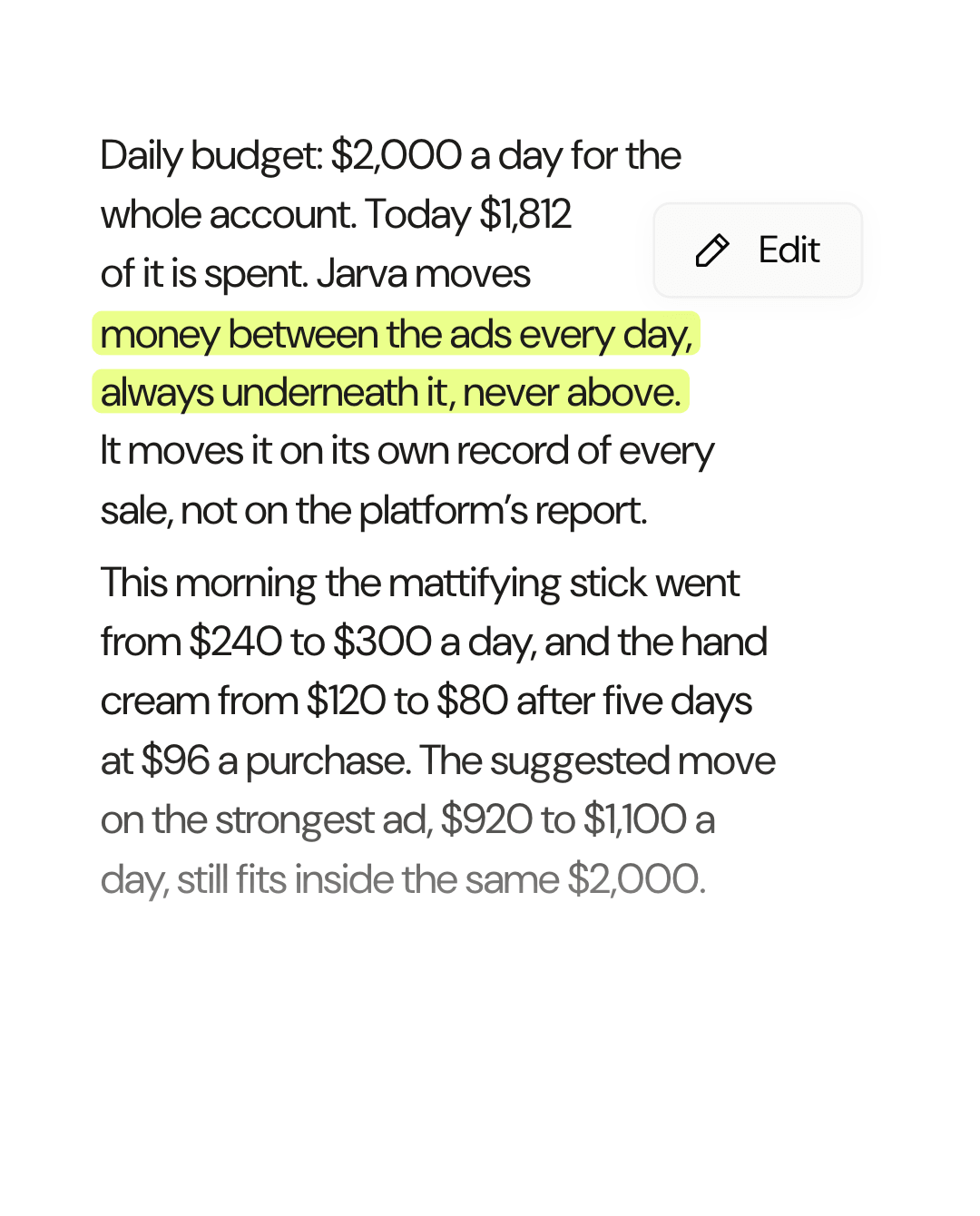 The daily budget, with today's spend underneath it