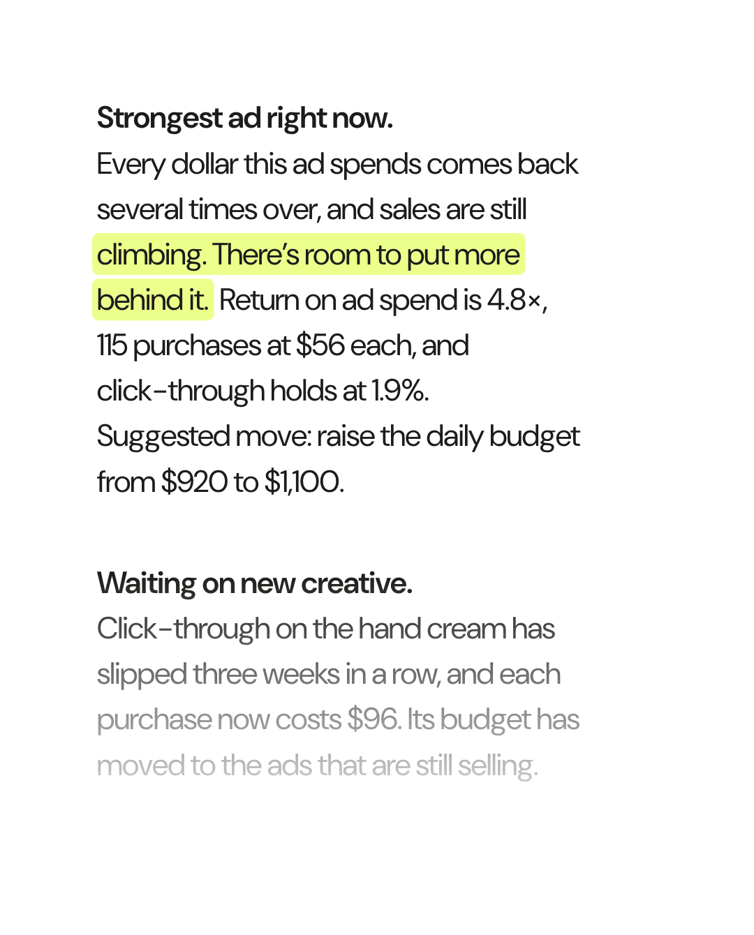 An ad's verdict in plain language, with the numbers behind it