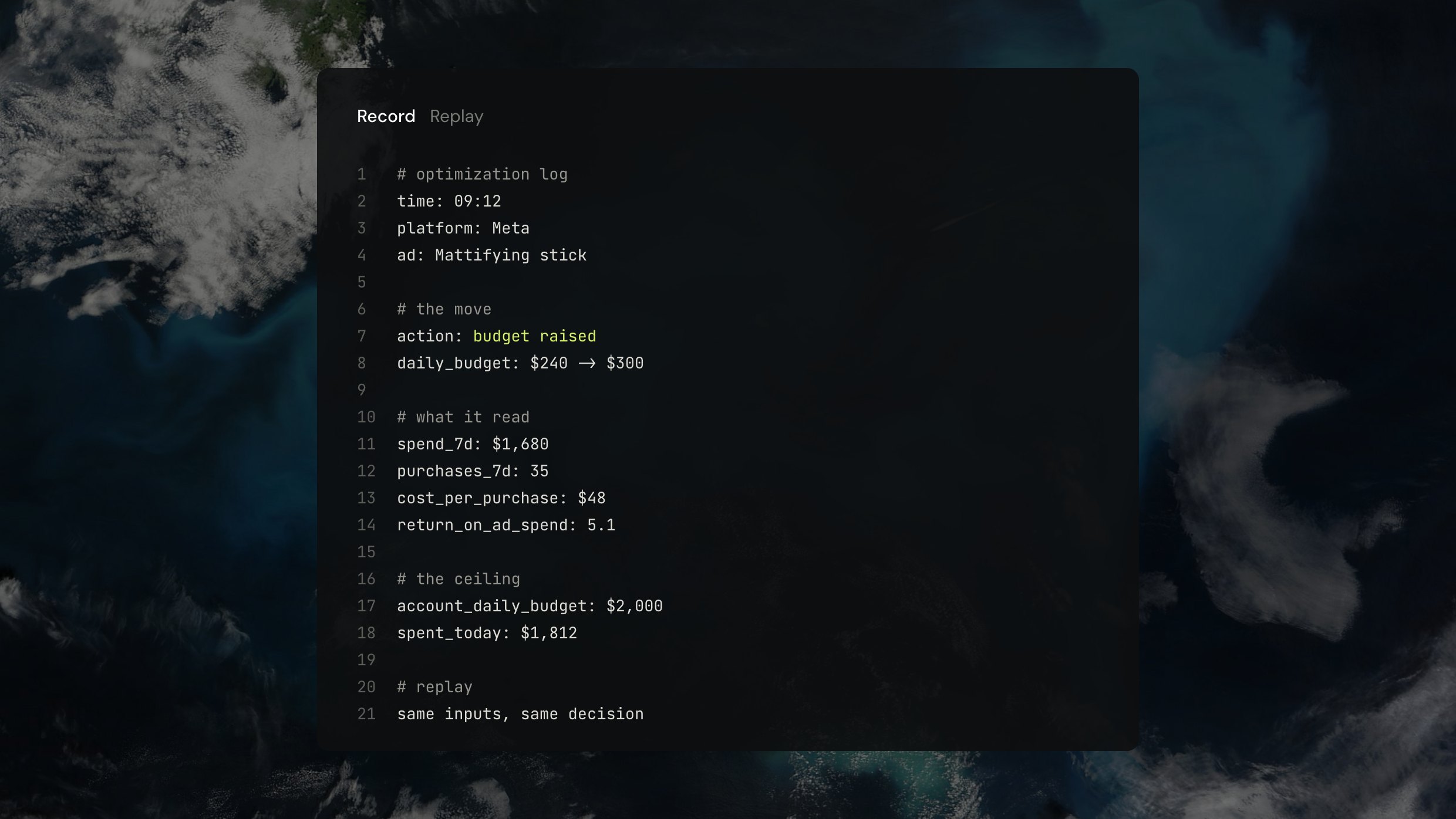 Jarva's optimization log for one budget raise: what it read, the ceiling it stayed under, and the note same inputs, same decision.