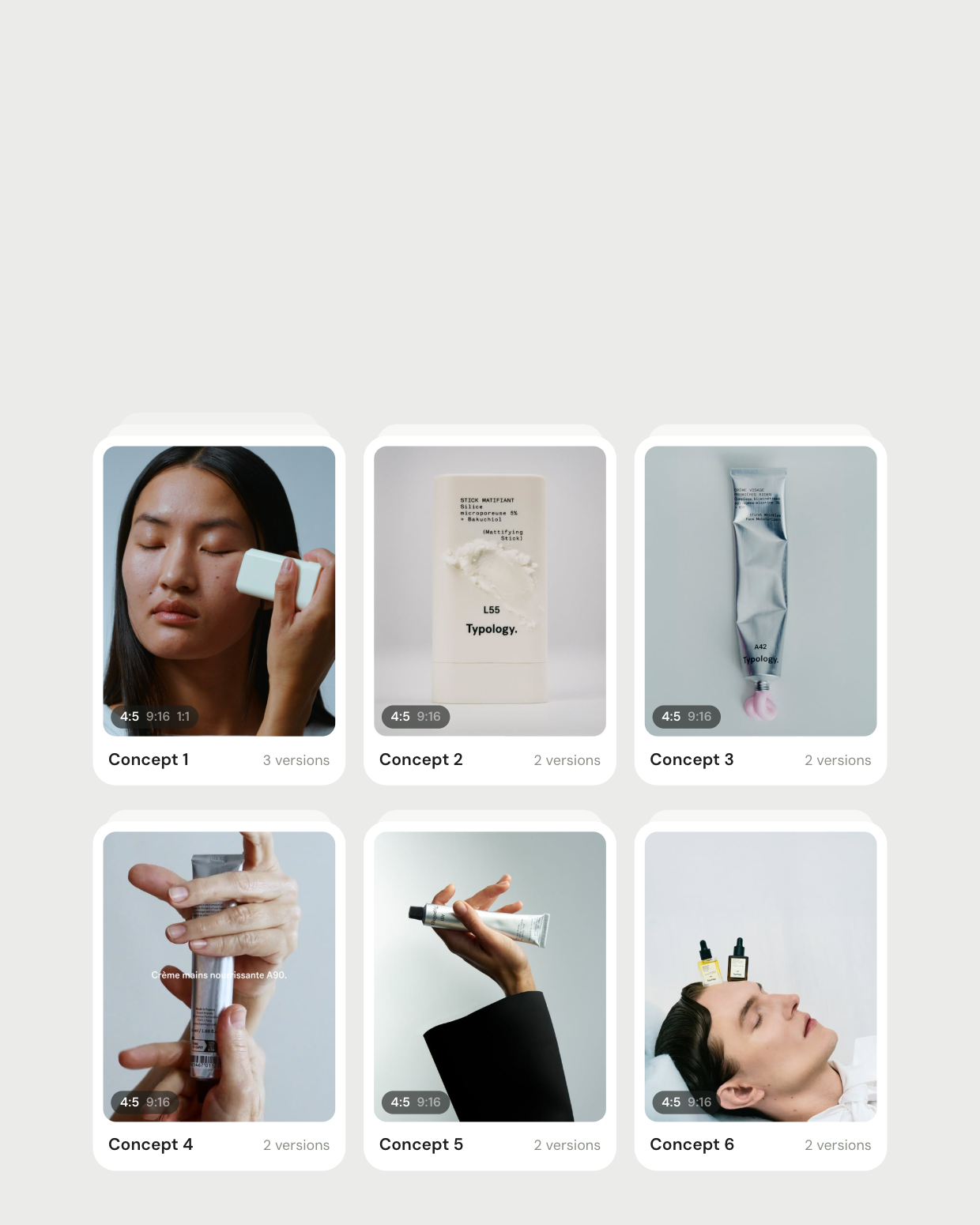 Concept cards, each combining two or three aspect ratios of one creative