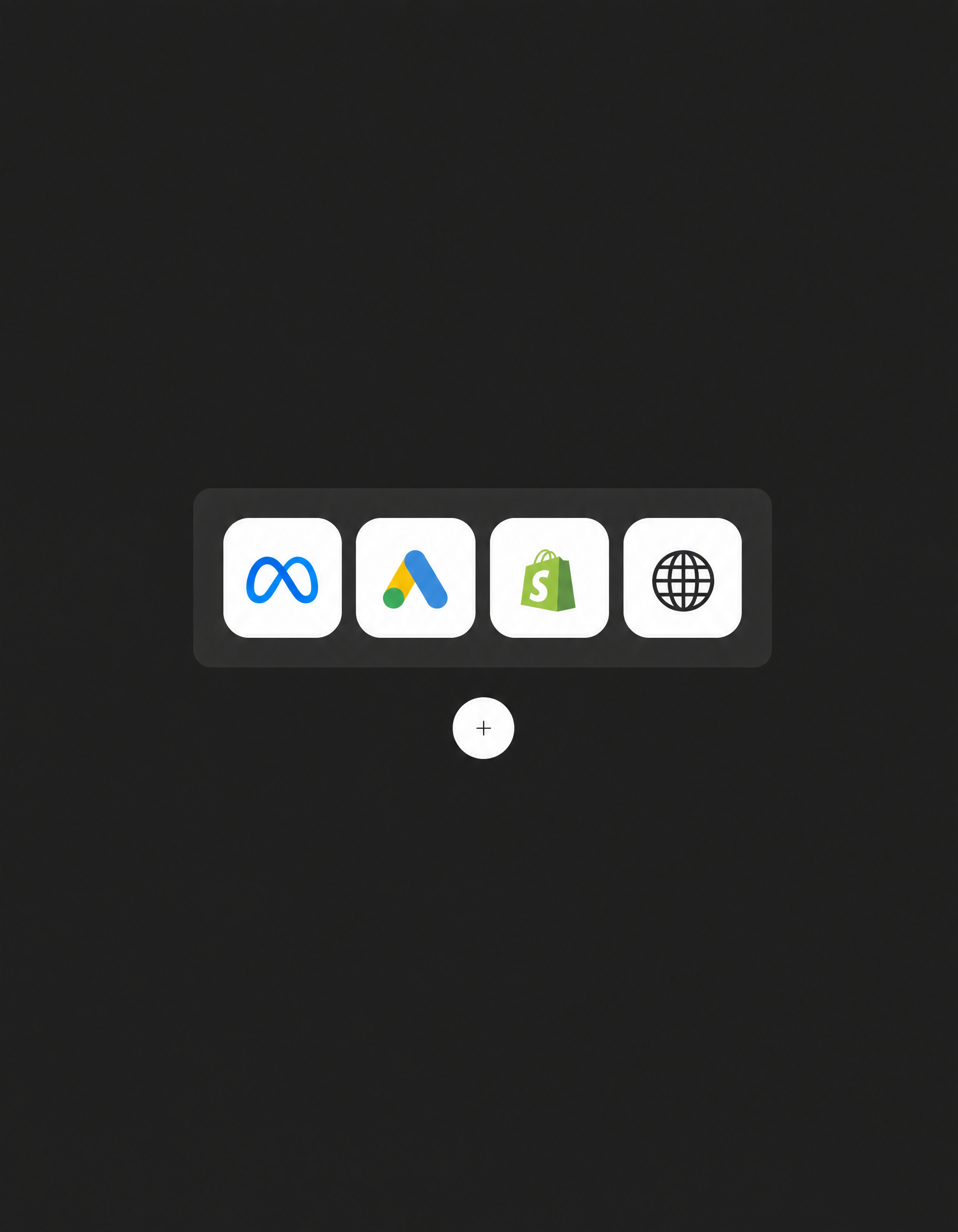 The Connections screen: Meta, Google Ads, Shopify store data and the Jarva pixel, with a button to add another